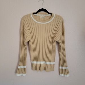 Luvamia Ribbed Crewneck Sweater in Beige with White Trim
